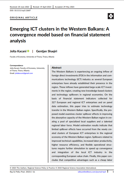 Emerging ICT Clusters in the Western Balkans: A Convergence Model based on Financial Statement Analysis
